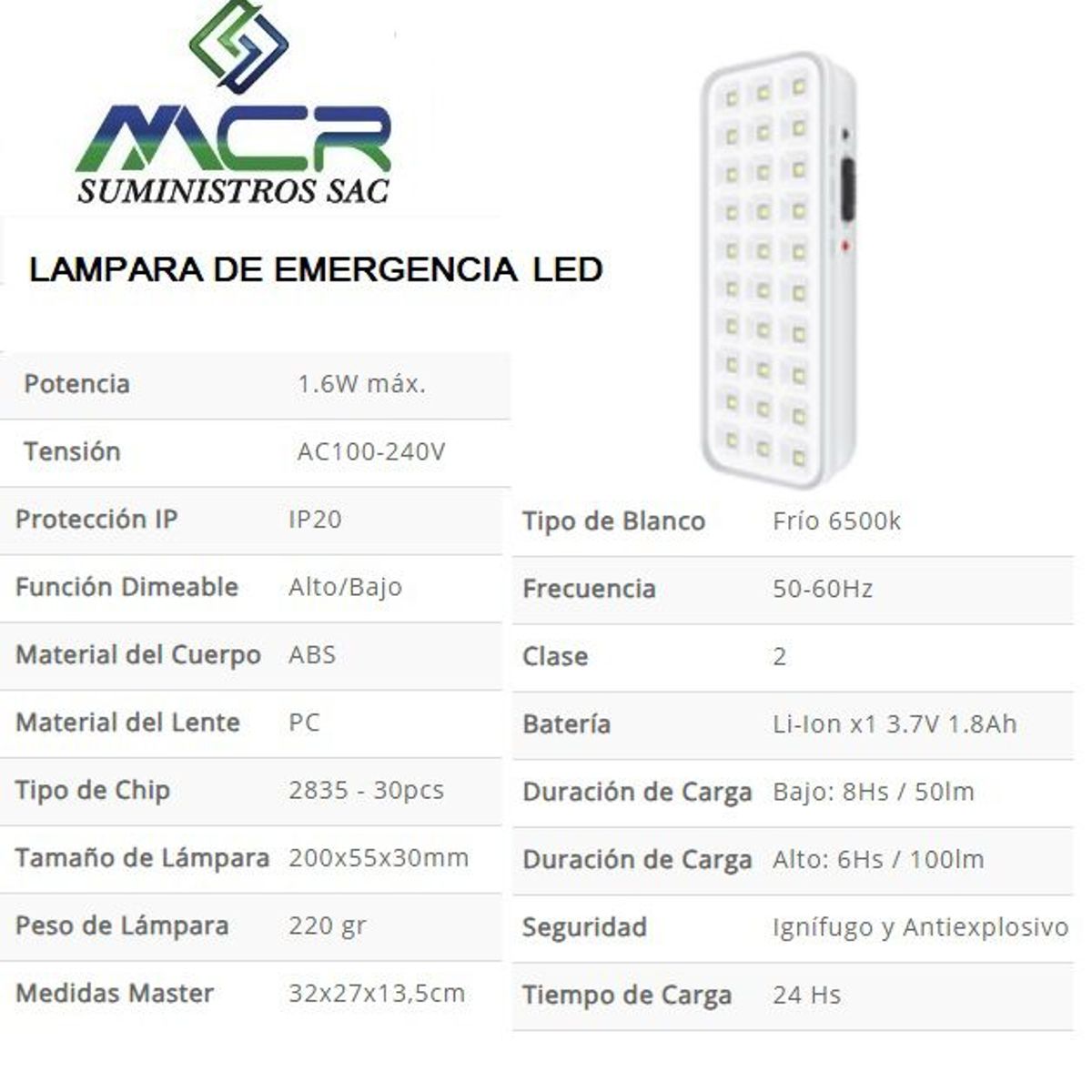 GENERICO - LAMPARA DE EMERGENCIA LED 1.6 W LUZ BLANCO FRIO IP20