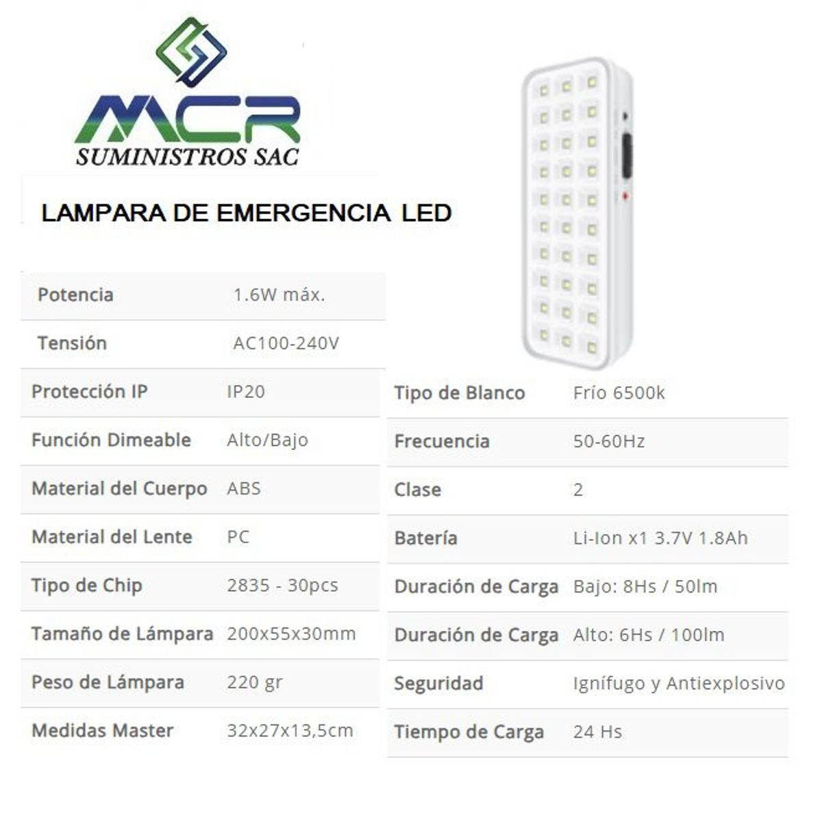 GENERICO - LAMPARA DE EMERGENCIA LED 1.6 W LUZ BLANCO FRIO IP20