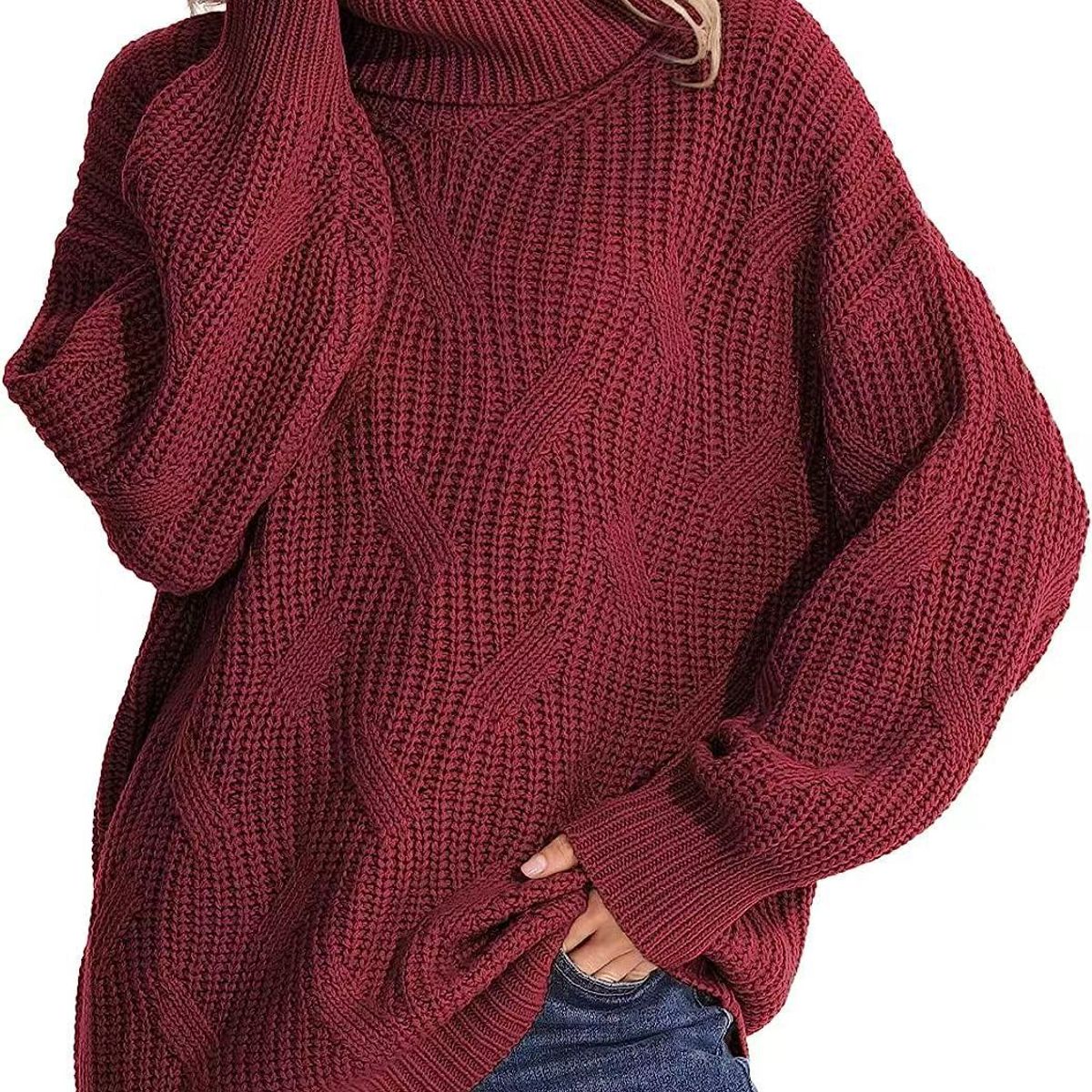 BLWOENS - Suéter de punto con cuello alto para Mujer -Rojo