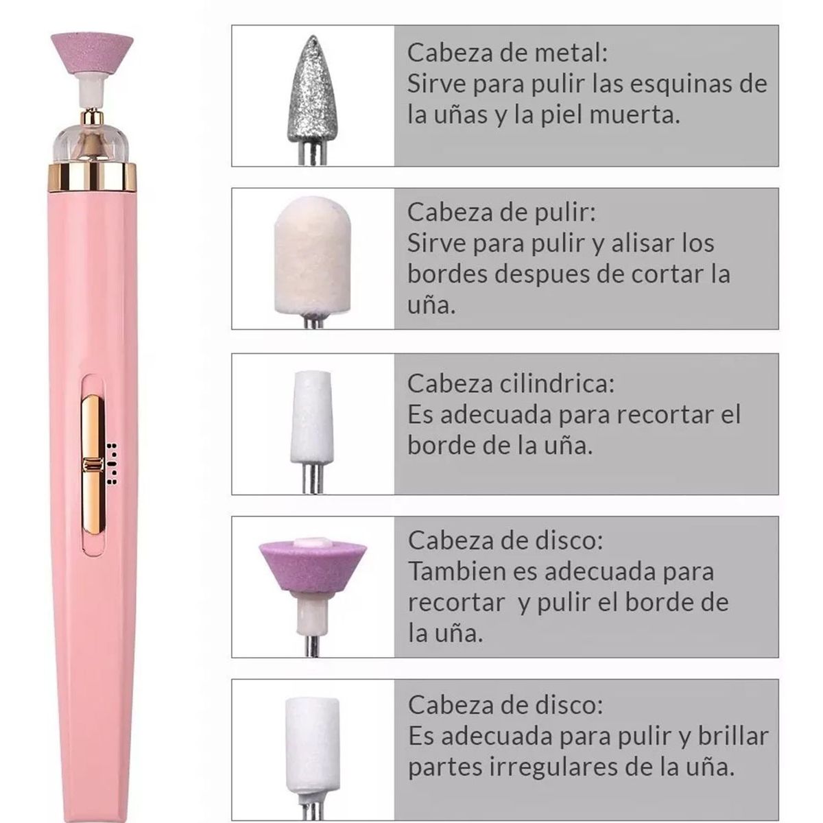 GENERICO - Kit Pulidor De Uñas Recargable Tipo Lapiz + 5 Limas Manicure