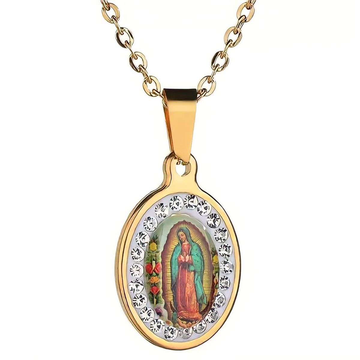 GENERICO - Collar y aretes  Medalla Virgen de Guadalupe Acero Inoxidable