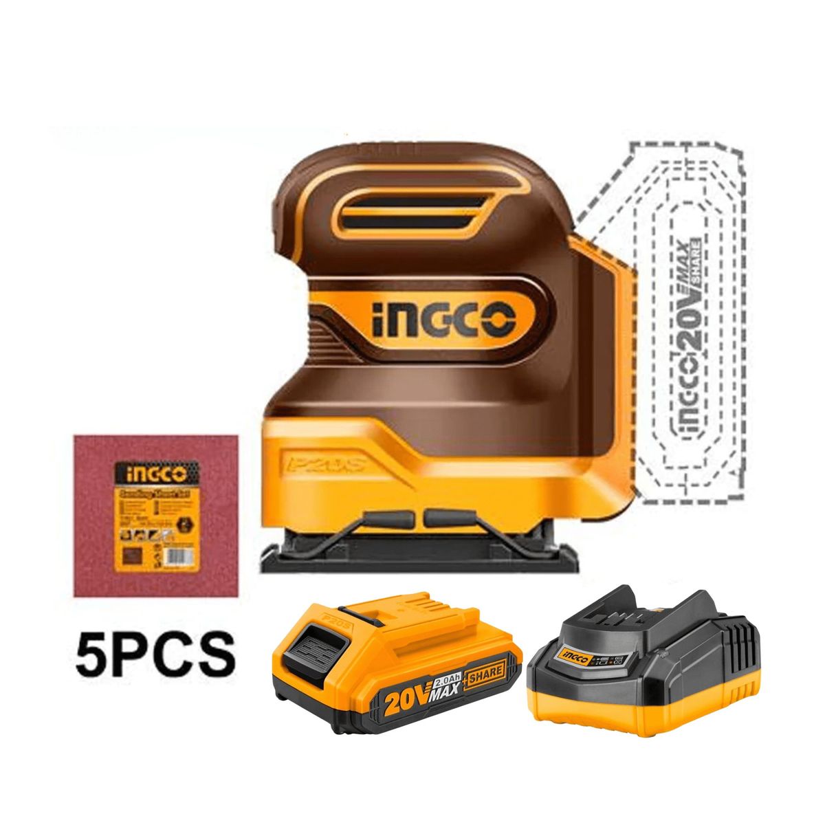 INGCO TOOLS - Lijadora orbital 20v incluye cargador y bateria Ingco