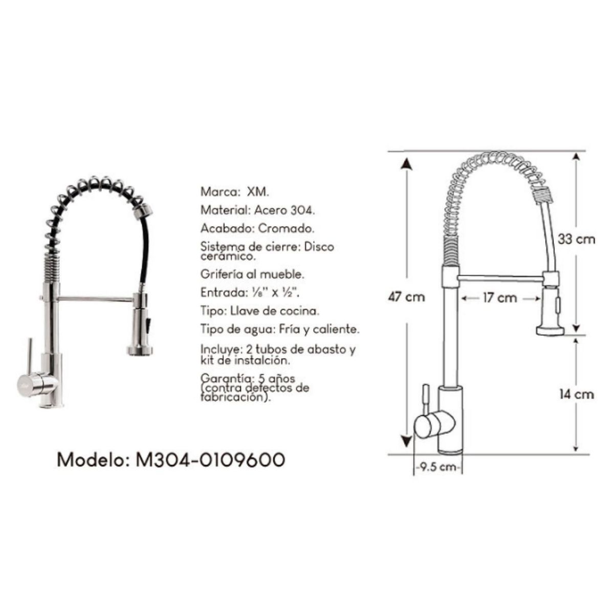 GENERICO - Mescladora con Resorte para Cocina cromado Acero Inoxidable