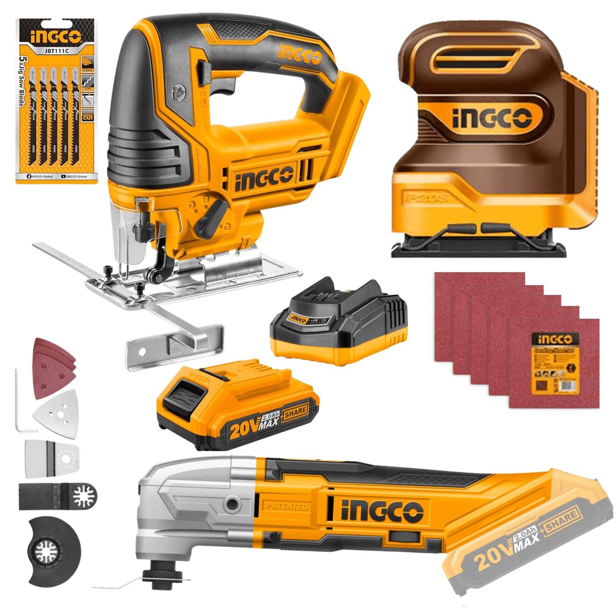 INGCO TOOLS - Combo lijadora orbital 20v sierra caladora 20v mutifuncion 20v Ingco