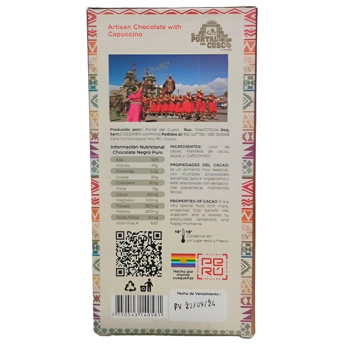 GENERICO - Chocolate Artesanal con Capuchino - Peruano 80% Cacao