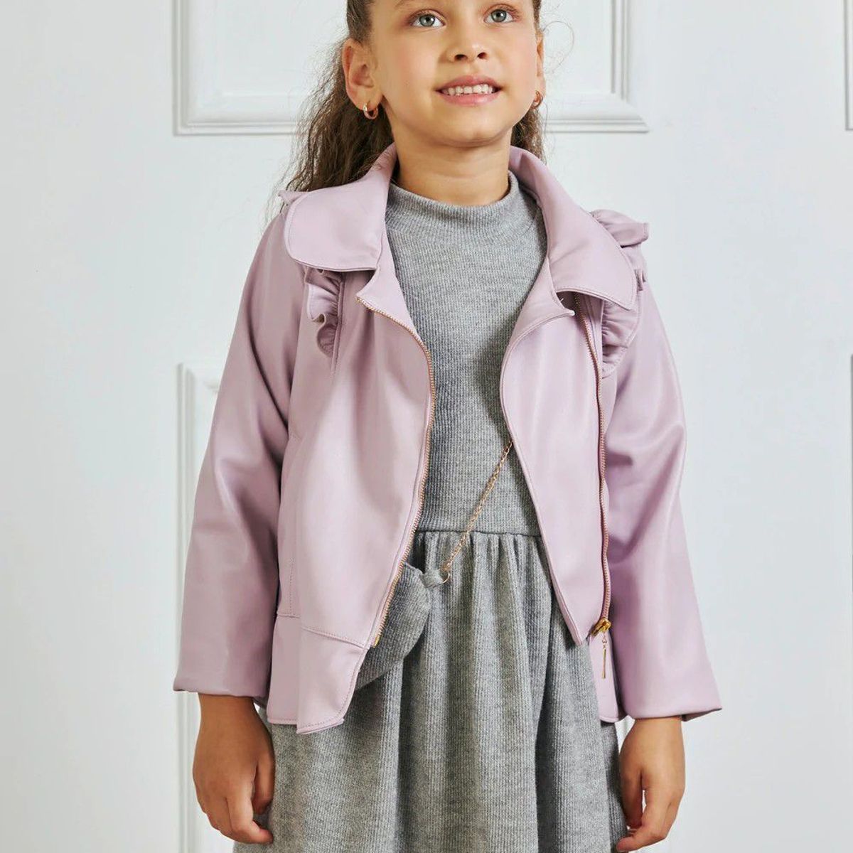 KIDS MASHMELO - Chaqueta Cuerina con Volantes y Cierre Lateral para Niña Kids Mashmelo