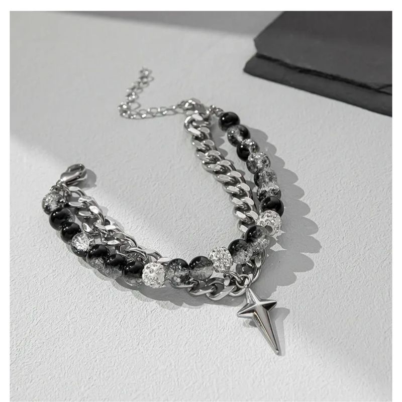 GENERICO - Pulsera Hip Hop con Estrella de Acero Titanio Pulido para Hombre