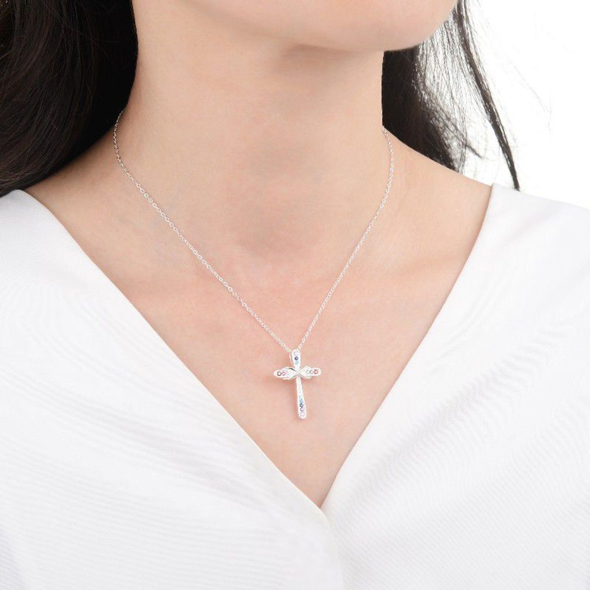 SANTORAL - Collar Cruz con Brillos Color - Plata