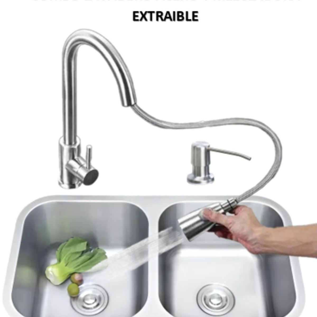 IMPORTADO MC - COMBO LAVADERO DE COCINA  2 POZAS  CROMADO + MEZCLADORA EXTRAIBLE