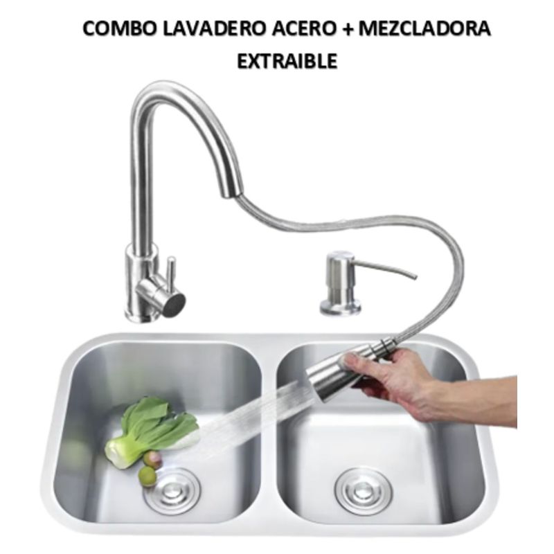 IMPORTADO MC - COMBO LAVADERO DE COCINA  2 POZAS  CROMADO + MEZCLADORA EXTRAIBLE