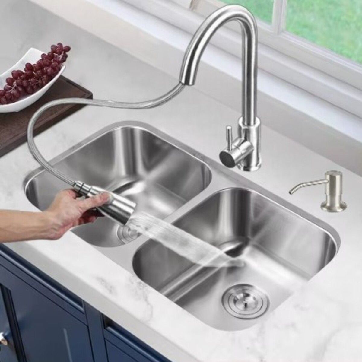 IMPORTADO MC - COMBO LAVADERO DE COCINA  2 POZAS  CROMADO + MEZCLADORA EXTRAIBLE