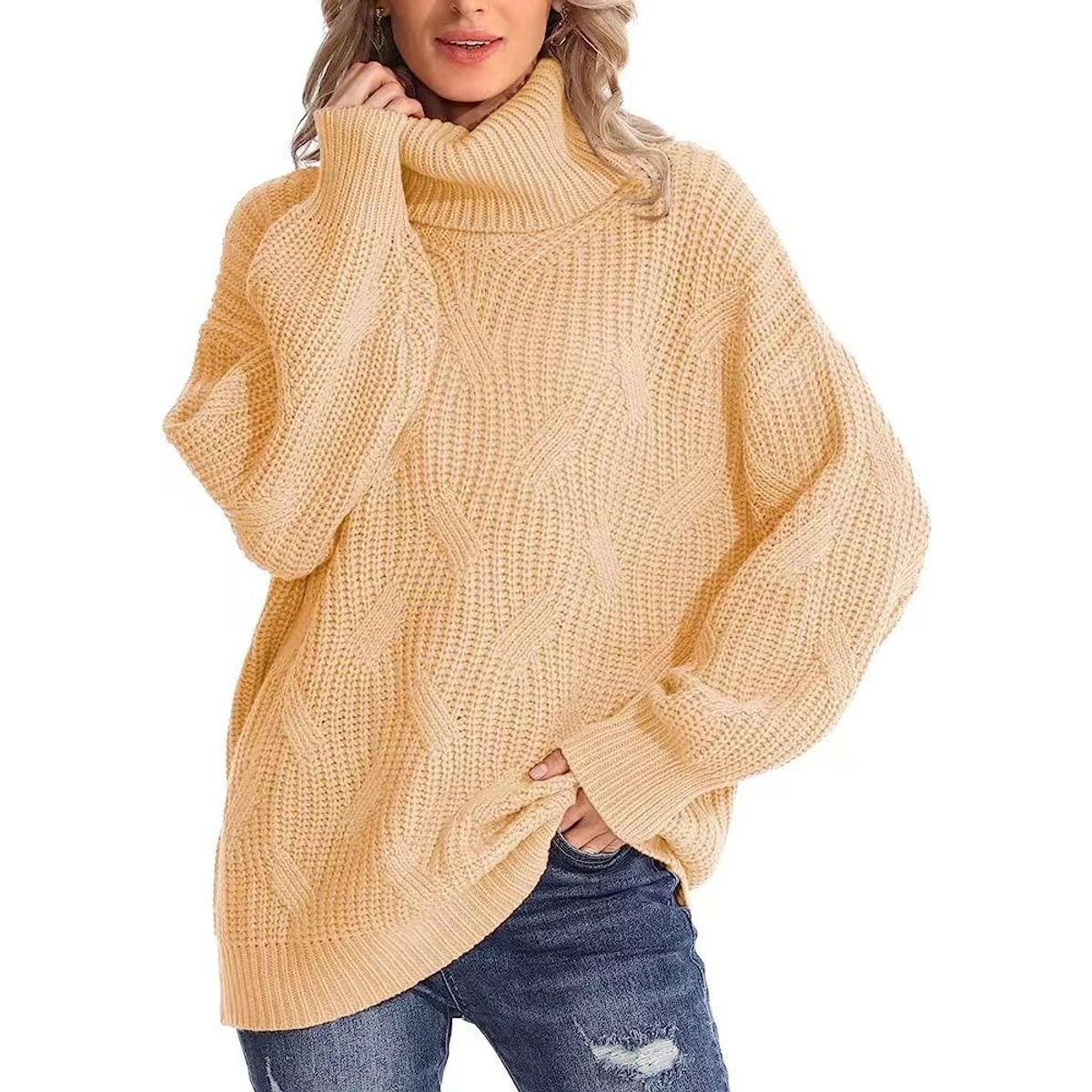 BLWOENS - Suéter de punto con cuello alto para Mujer -Crema