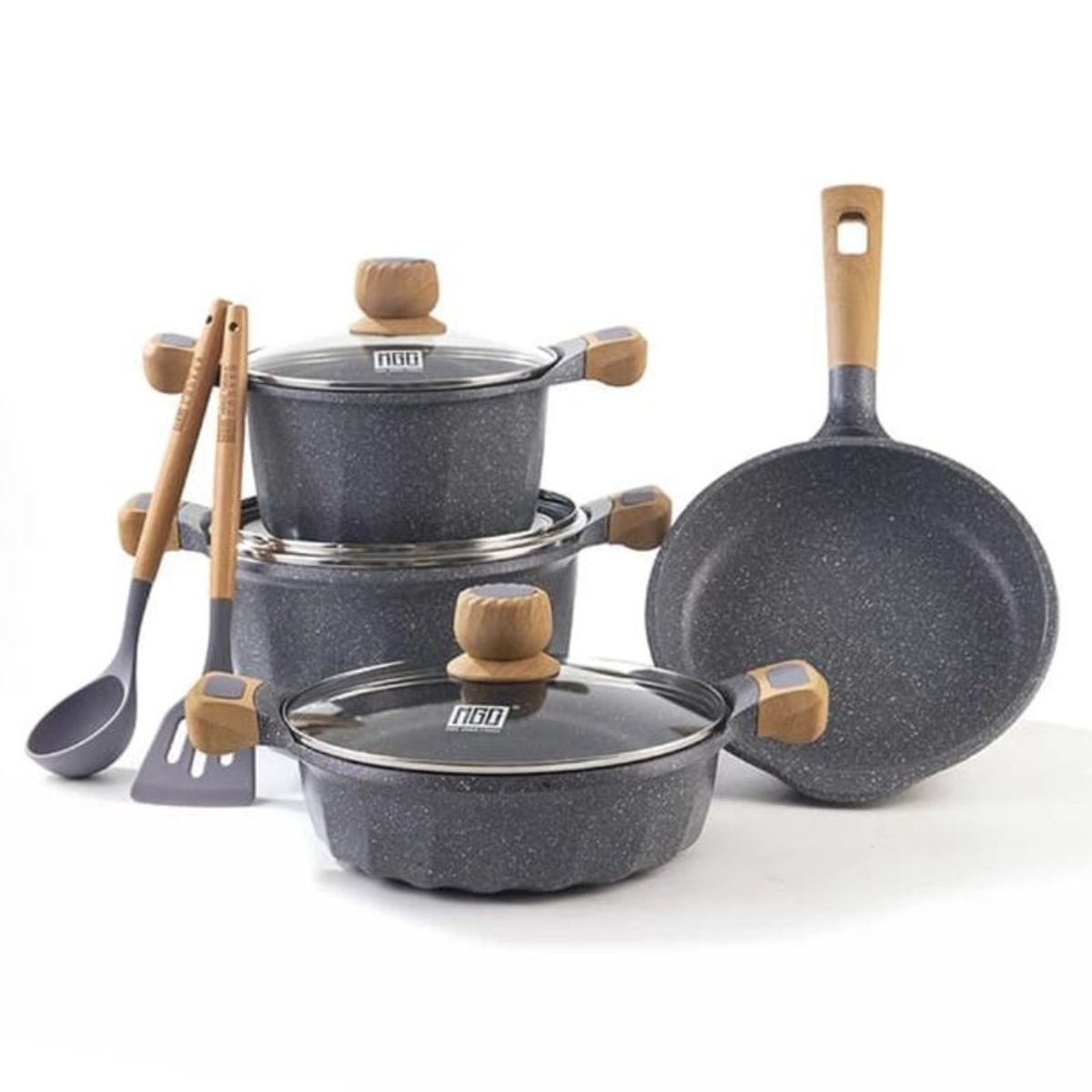 PENTHA - Juego De Olla Roca Volcanica Antiadherente 9pcs Color Gris - MGC