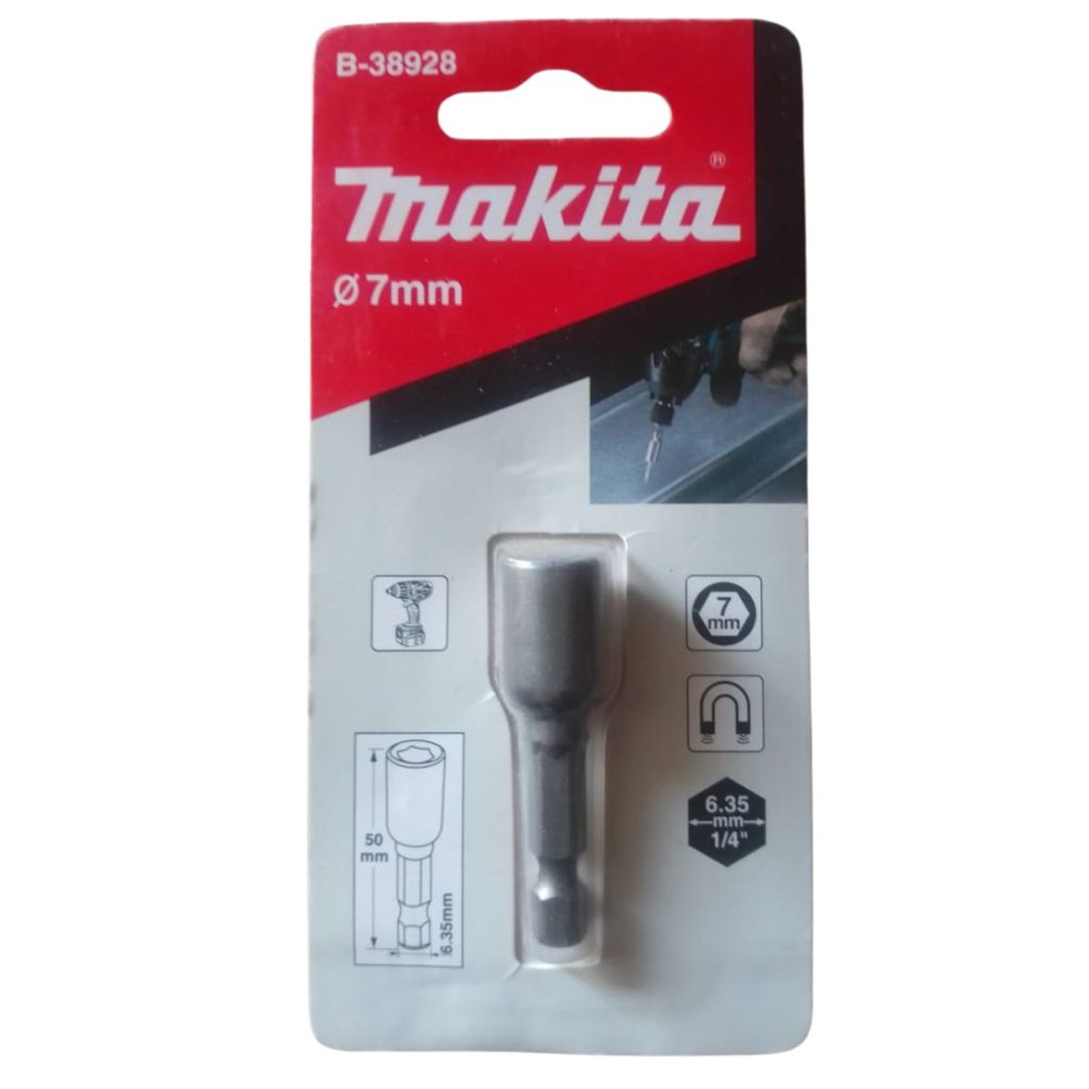 MAKITA - Dado Magnetico 1/4" x 50mm x 7mm Makita B-38928  -  Gris