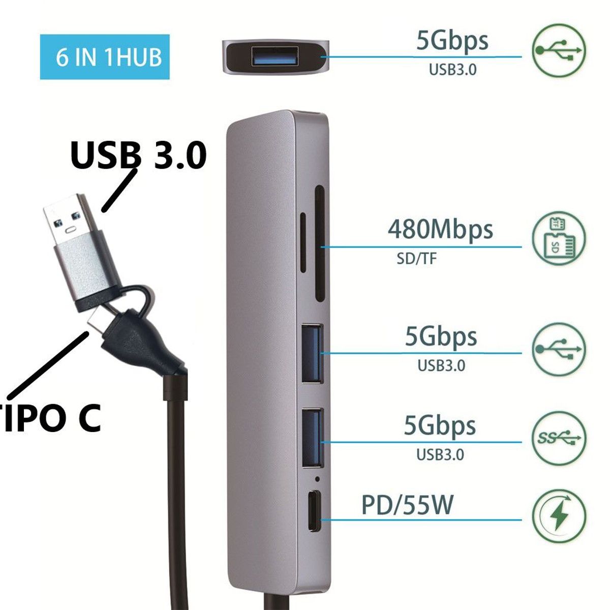 GENERICO - Adaptador Hub Tipo C a USB 3.0 6 Puertos PC, Laptop, Android.