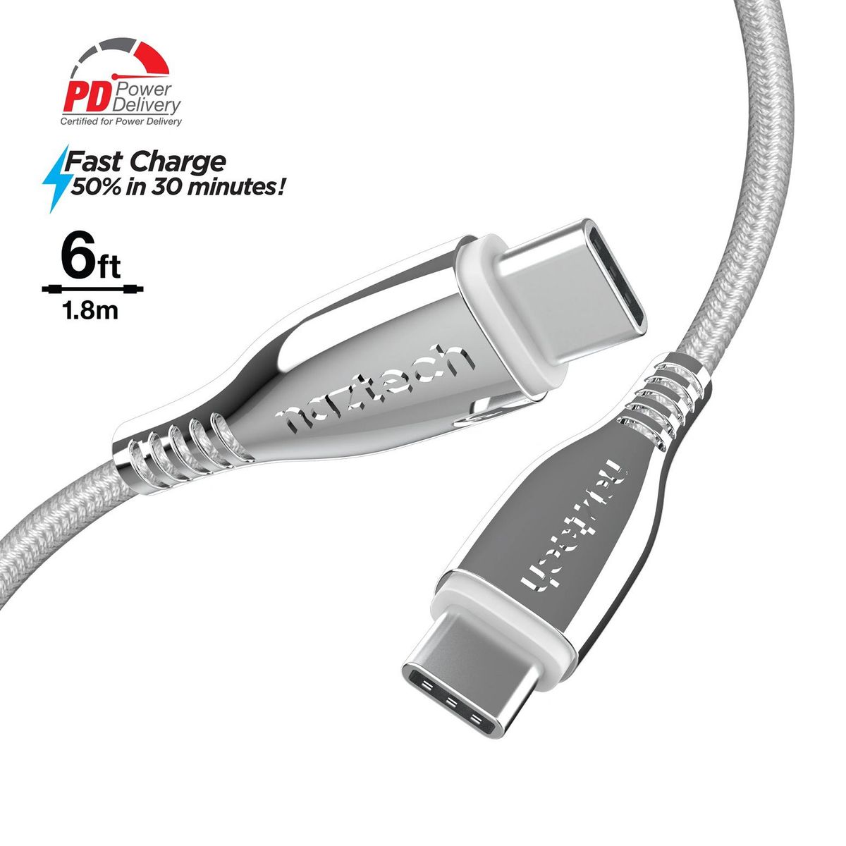 NAZTECH - Cable de Titanio - Naztech usb-c to usb-c - iPhone - samsung - Silver