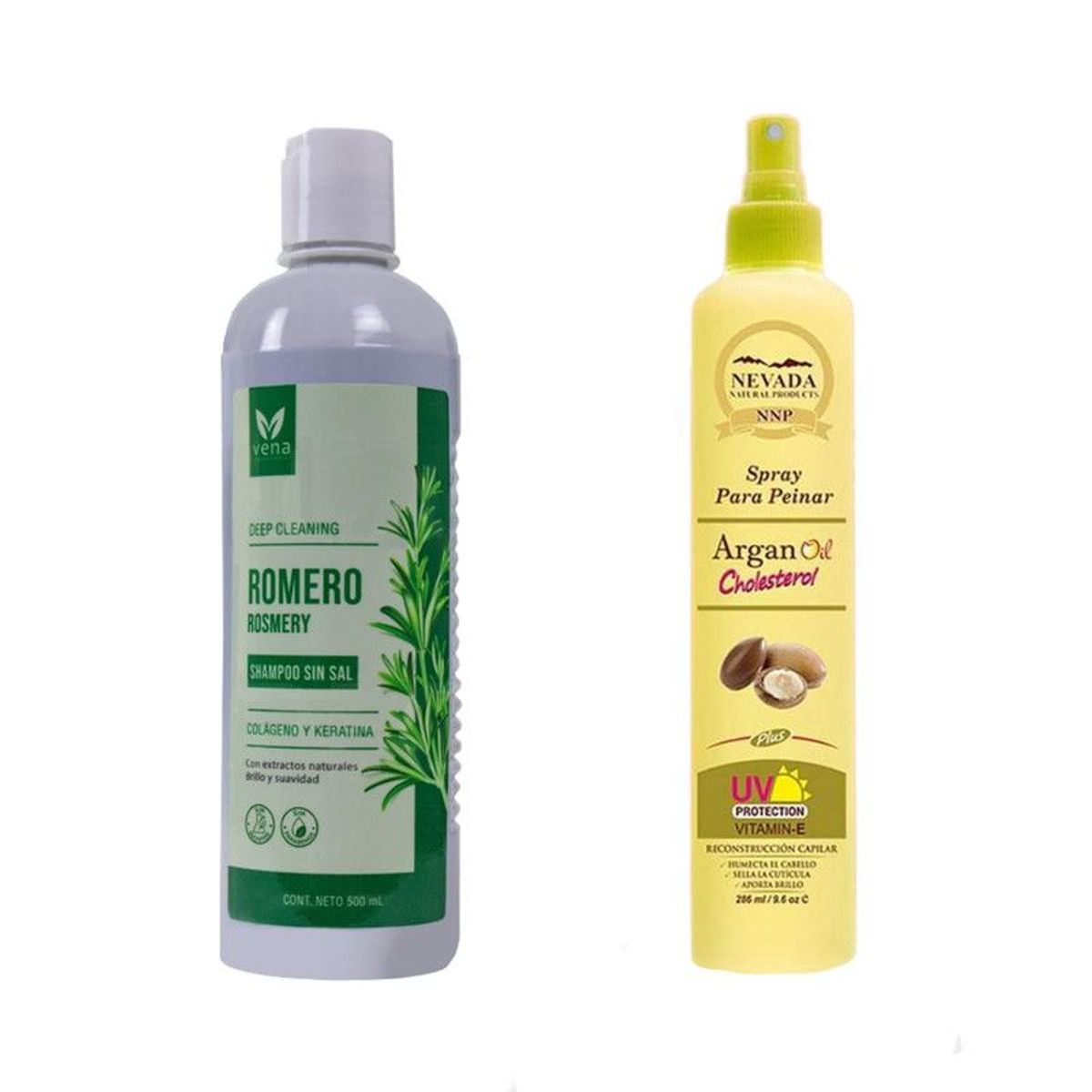 NEVADA NATURAL PRODUCTS - Shampoo de Romero sin Sal +Spray de Peinar Argan Cholesterol