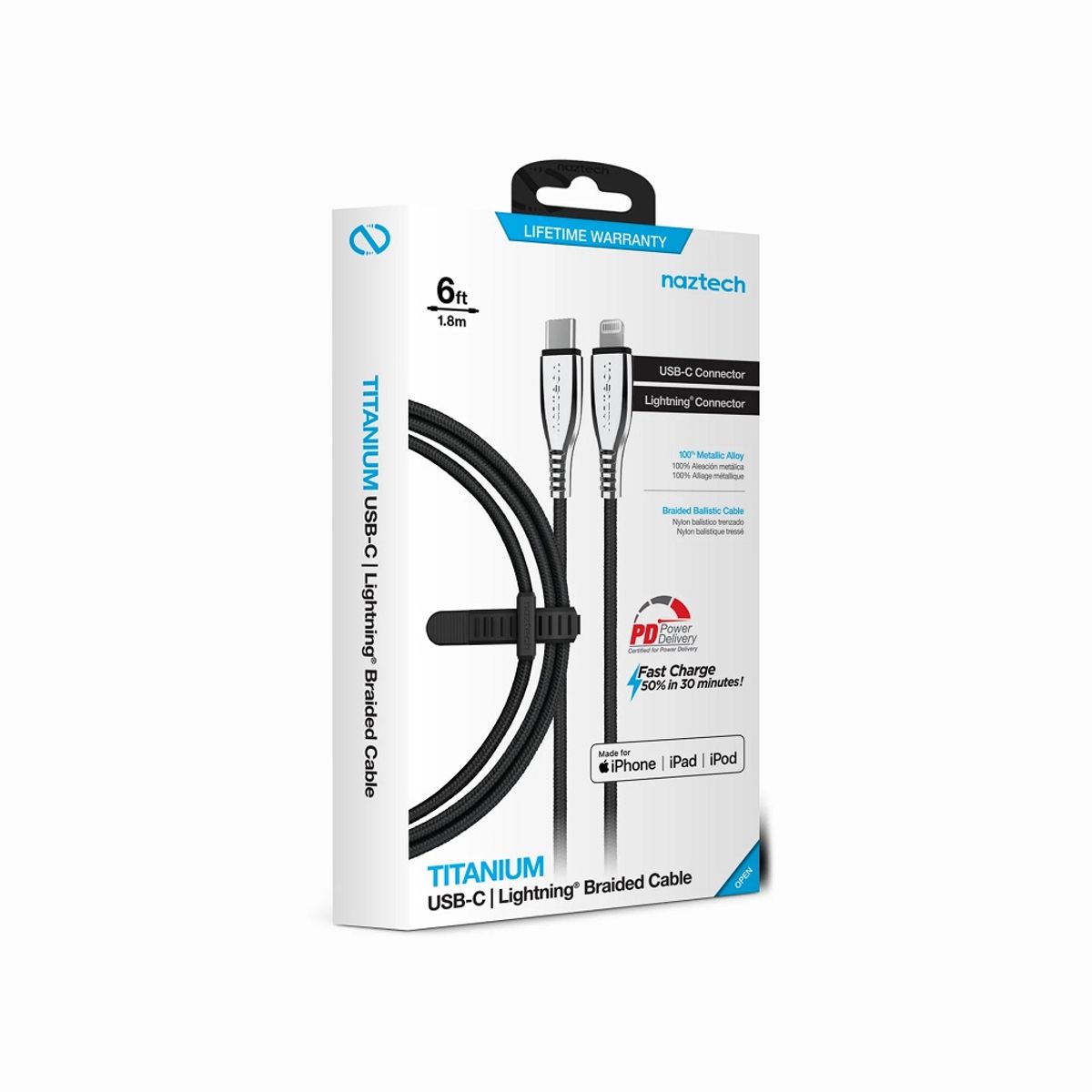 NAZTECH - Cable de titanio - Naztech usb-c to lightning - iPhone - Negro