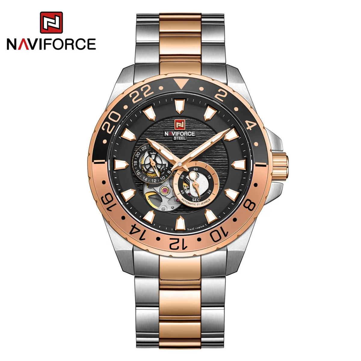 NAVIFORCE - Reloj Naviforce Hombre de Lujo NF1003 Plata Oro Automático Inoxidable