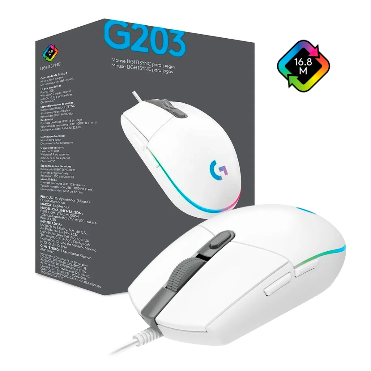 LOGITECH - Mouse Logitech G203 BLANCO RGB LIGHTSYNC Con 6 Botones Para Juegos