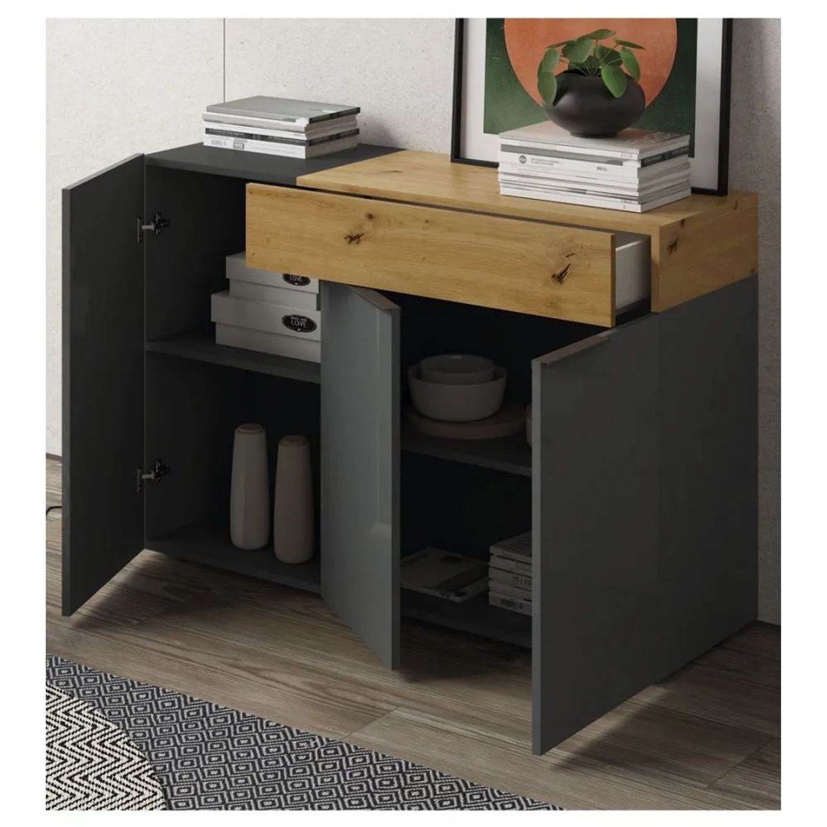 TU MESITA - Aparador para Salón Priux 3 puertas 1 cajón TU MESITA color NegroHaya