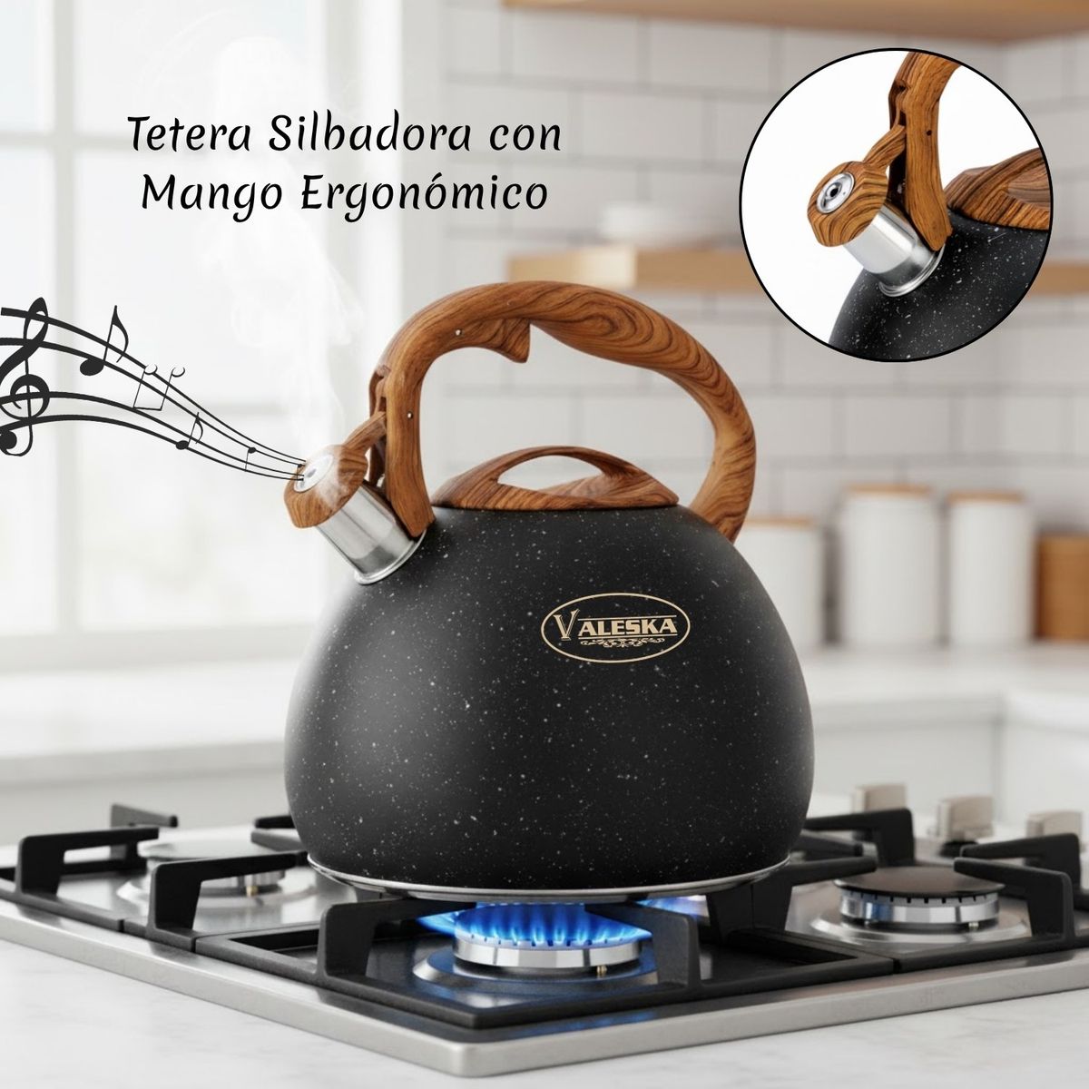 PENTHA - Tetera Silbadora Acero Inoxidable Valeska Acabado Granito 5L Negro