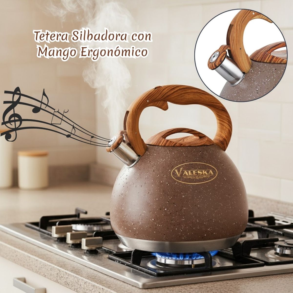 VALESKA - Tetera Silbadora Acero Inoxidable Valeska Acabado Granito 5L Marrón