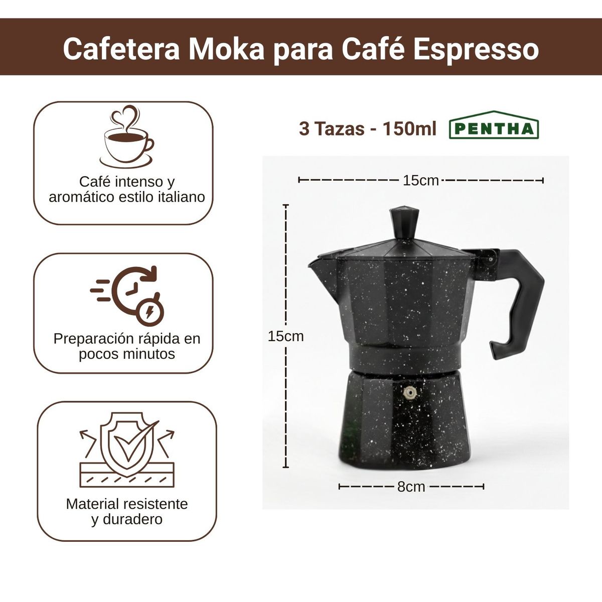 PENTHA - Cafetera Moka Italiana Espresso De 3 Tazas - 150ml Color Negro