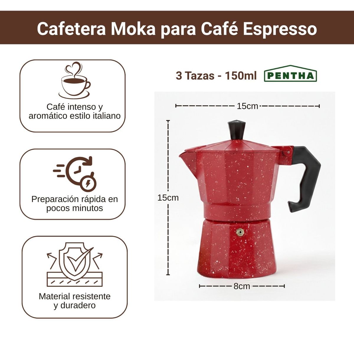 PENTHA - Cafetera Moka Italiana Espresso De 3 Tazas - 150ml Color Rojo