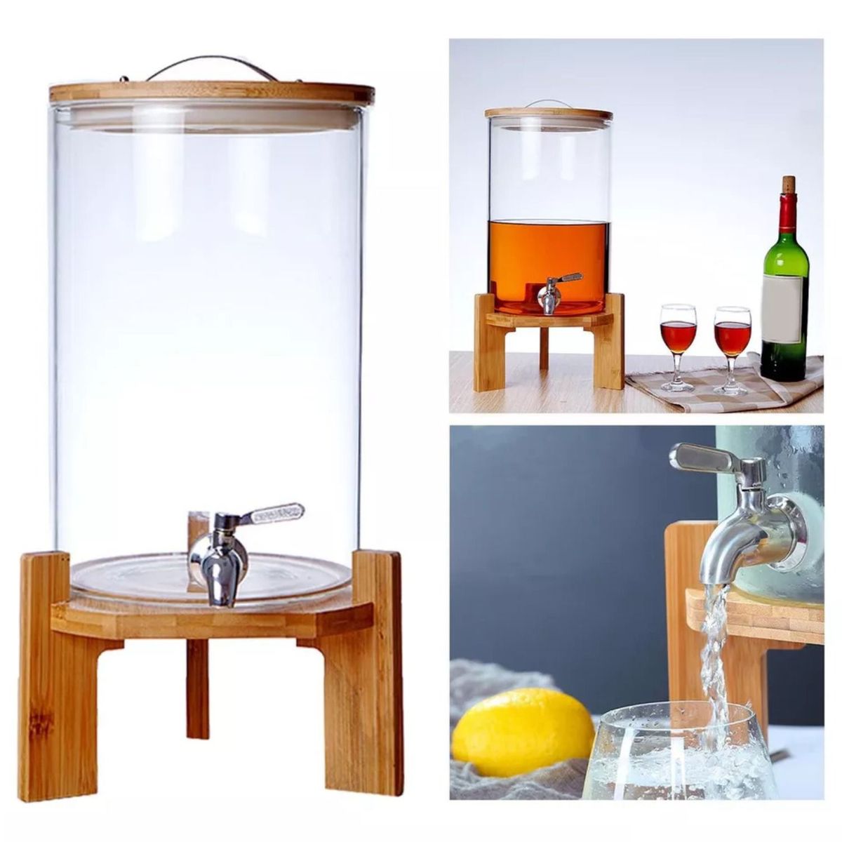 GENERICO - Dispensador de Agua 8lt  de vidrio con base de madera