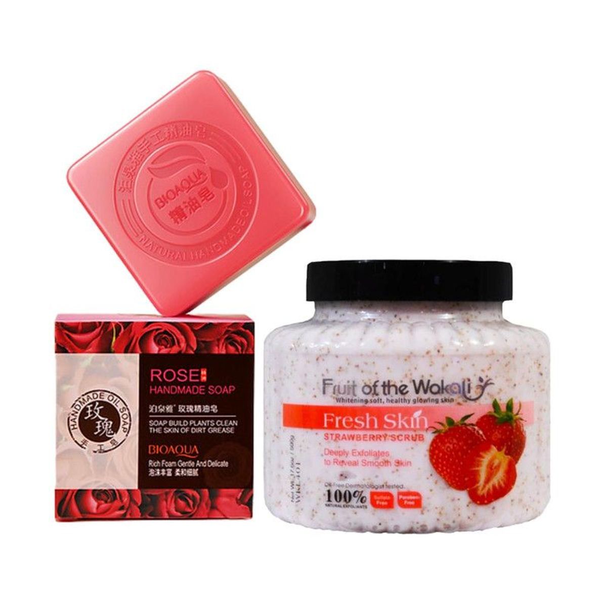 WOKALI - Exfoliante Corporal de Fresa +Jabón Natural Flores Rosas Antiacné