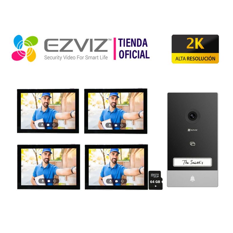EZVIZ - Kit Videoportero Inteligente HP7 2K Exterior Eviz + 3 MONITORES 64GB