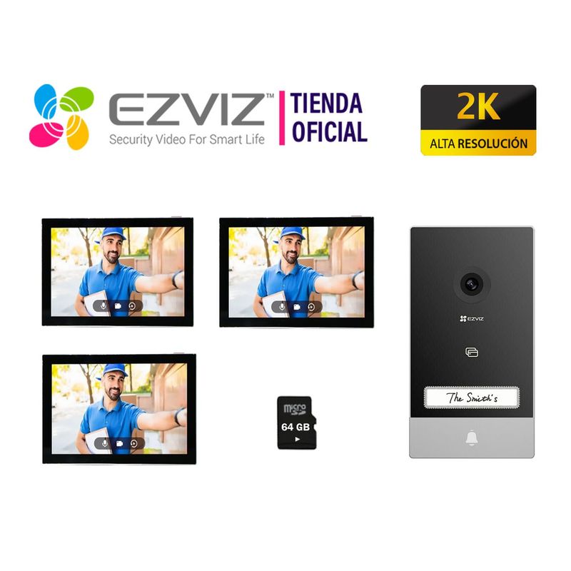 EZVIZ - Kit Videoportero Inteligente HP7 2K Exterior Eviz + 2 MONITORES 64GB
