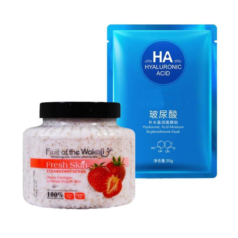 WOKALI - Exfoliante Corporal de Fresa +Mascarilla Facial Acido Hialuronico