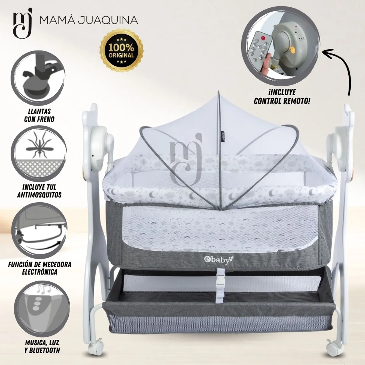EBABY - Cuna de Lujo «DUVALL» con Control Remoto Gray