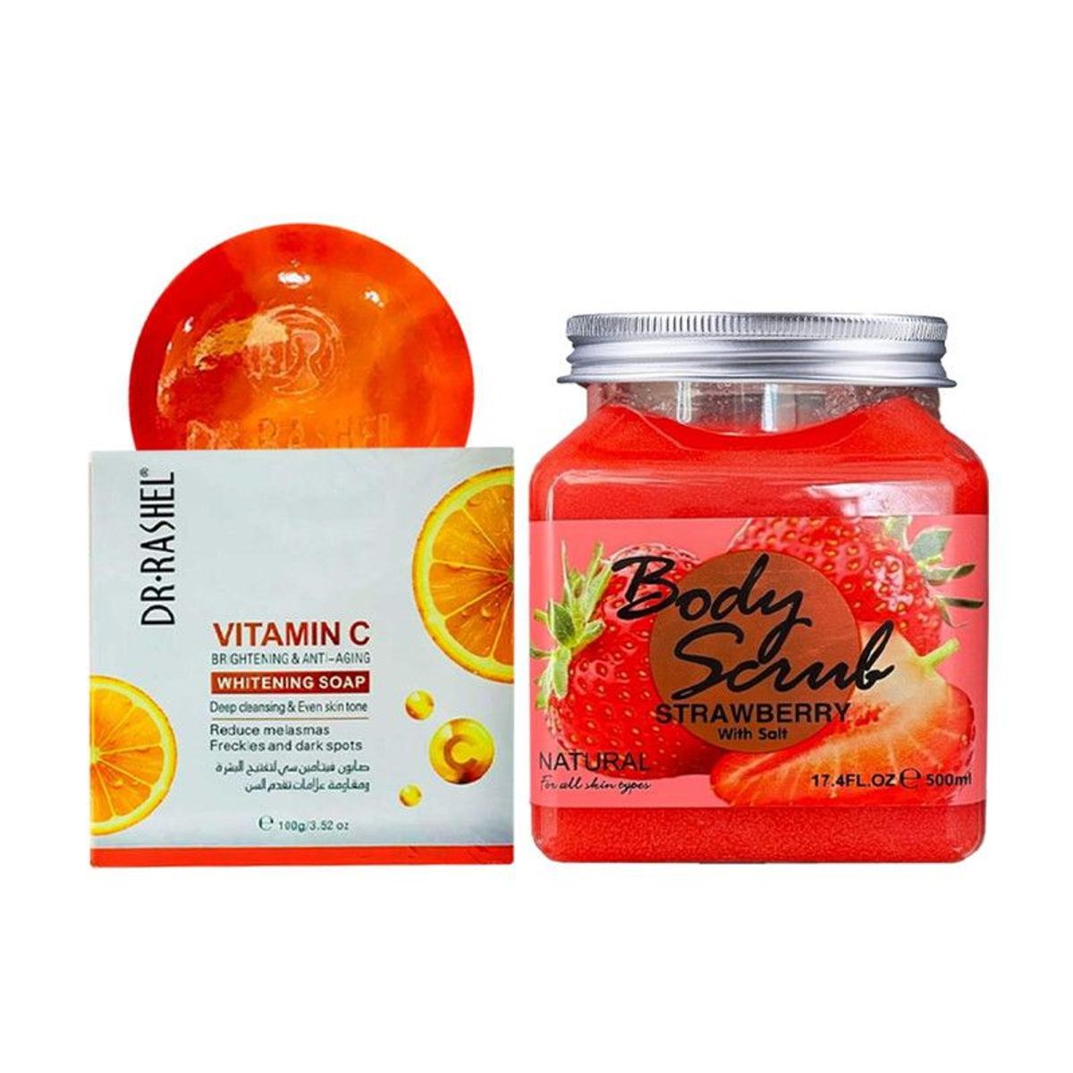 GENERICO - Jabón Iluminador y Aclarador Vitamina C + Exfoliante corporal Fresa con sal