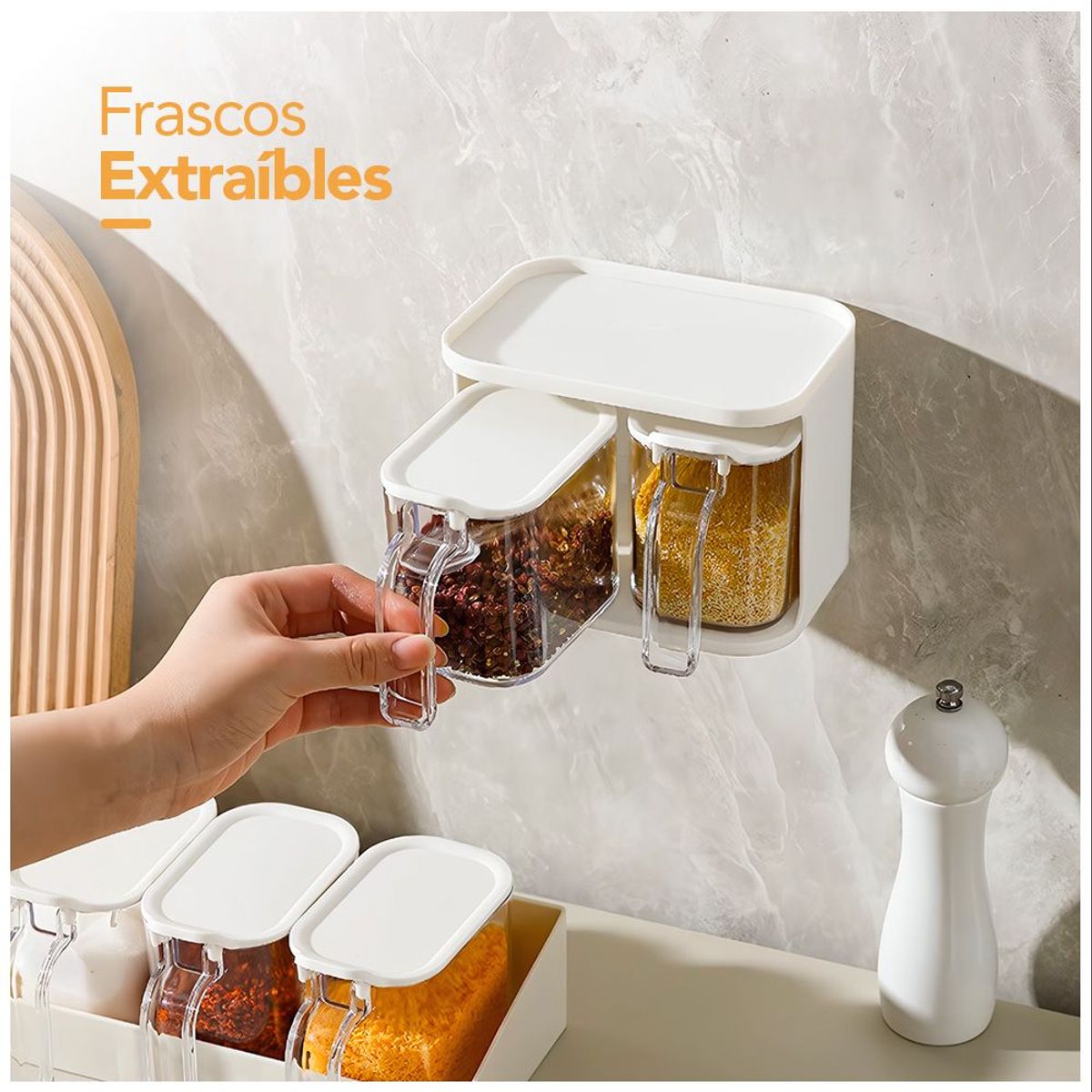 KELLER - Condimentero Colgante Moderno con Cucharas y Adhesivo Beige F48