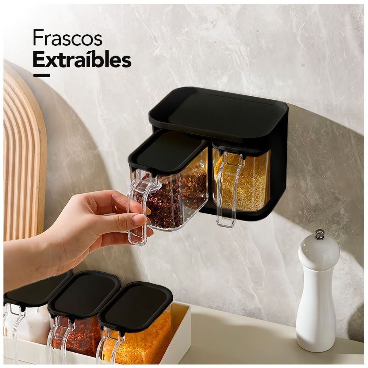 KELLER - Condimentero Colgante Moderno con Cucharas y Adhesivo Negro F48