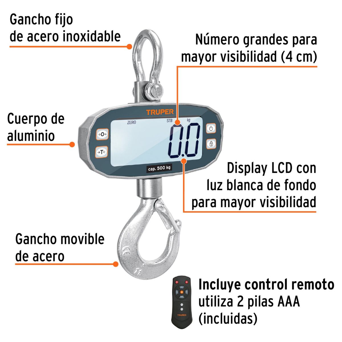 TRUPER - Balanza electrónica colgante, recargable, 500 kg, Truper