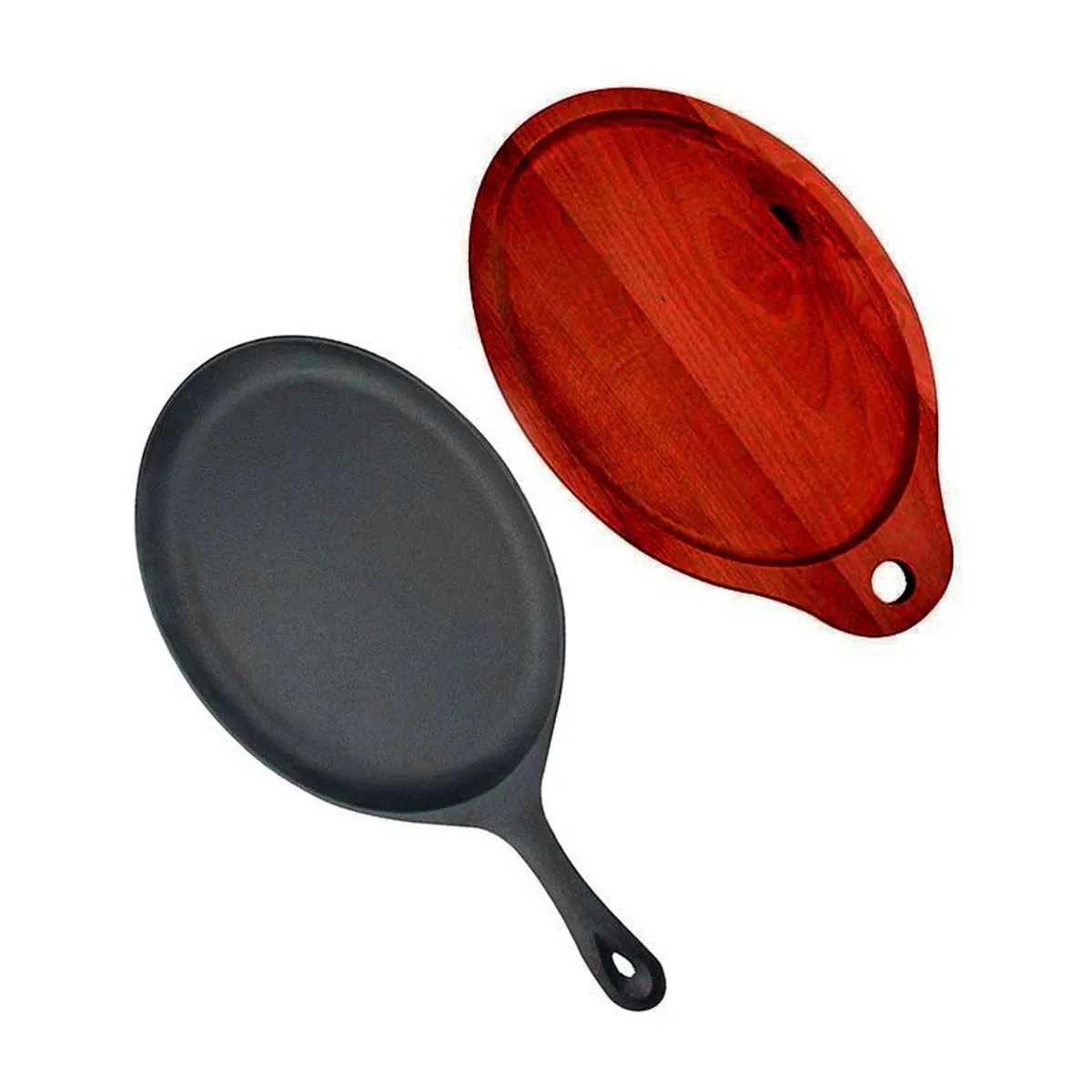 LUGANO - Plancha de hierro fundido 24 cm ovalado con  base madera - Lugano