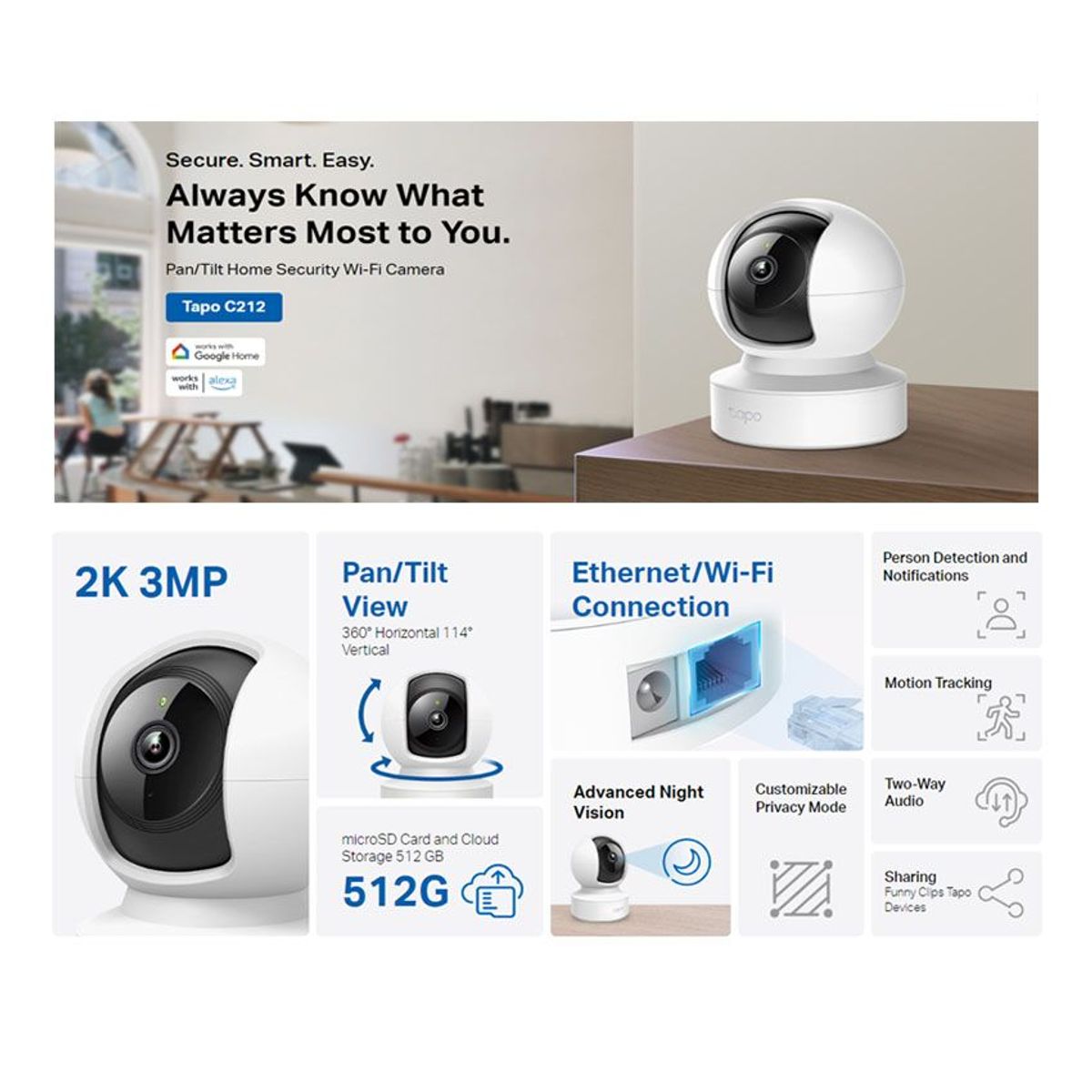 TP LINK - Camara de vigilancia Wi-Fi Ethernet TP-Link Tapo C212 360° 2K Hasta 512GB