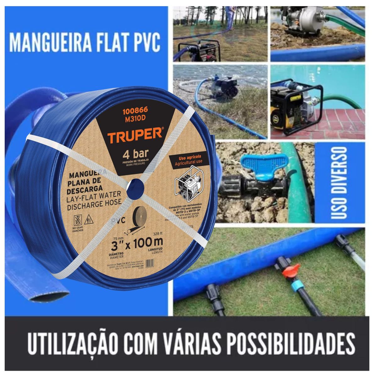 TRUPER - Manguera para motobomba de 3 x 100m manguera de descarga Truper