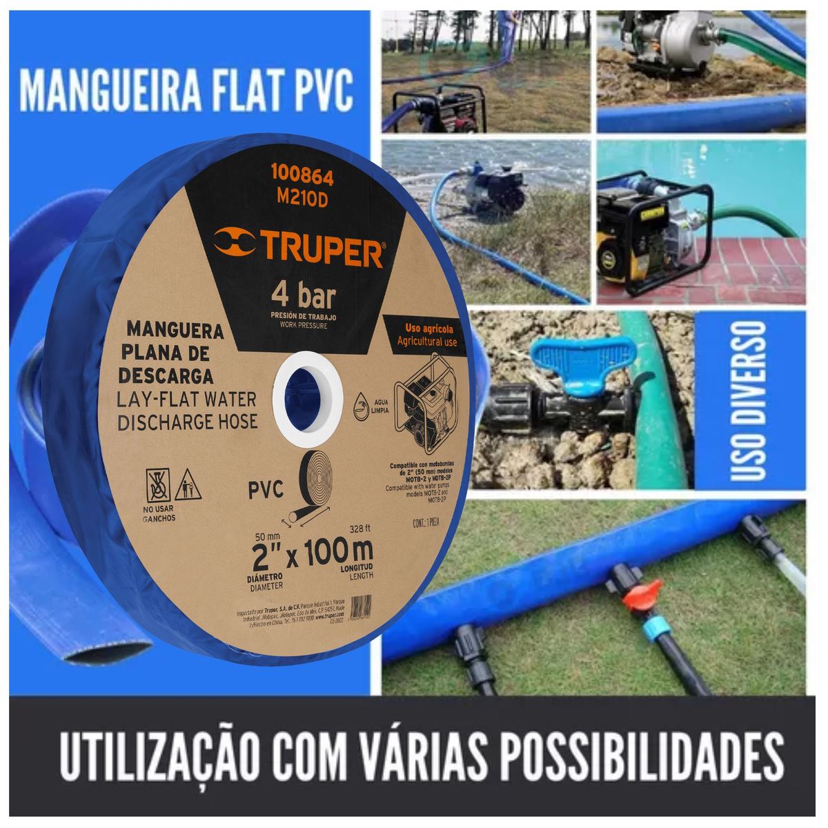TRUPER - Manguera para motobomba de 2 pulgadas x 100m, manguera de descarga