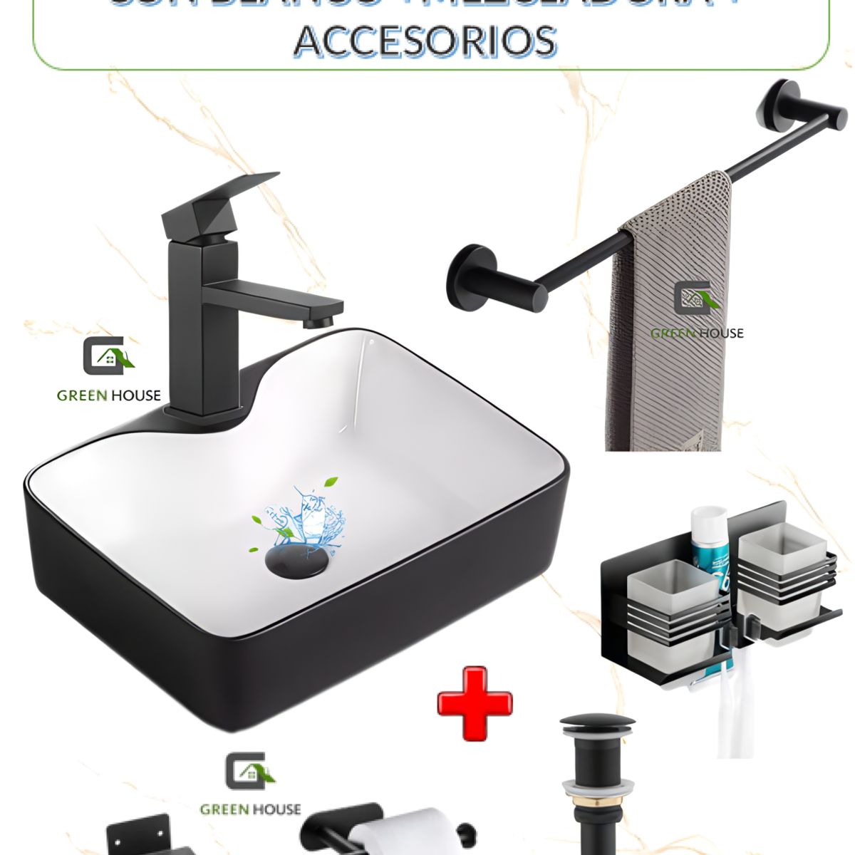 GREEN HOUSE - COMBO DE LAVATORIO NEGRO MATE CON BLANCO +MEZCLADORA + ACCESORIOS