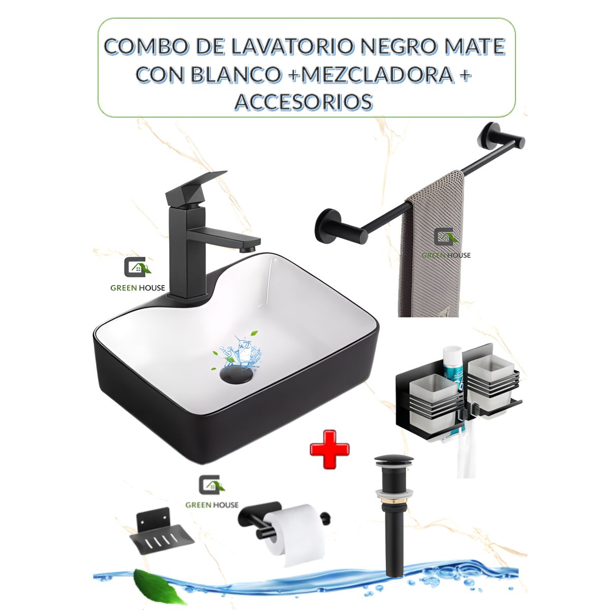 GREEN HOUSE - COMBO DE LAVATORIO NEGRO MATE CON BLANCO +MEZCLADORA + ACCESORIOS