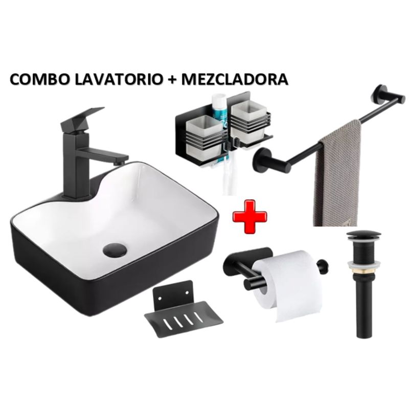IMPORTADO MC - COMBO DE LAVATORIO NEGRO MATE CON BLANCO +MEZCLADORA + ACCESORIOS
