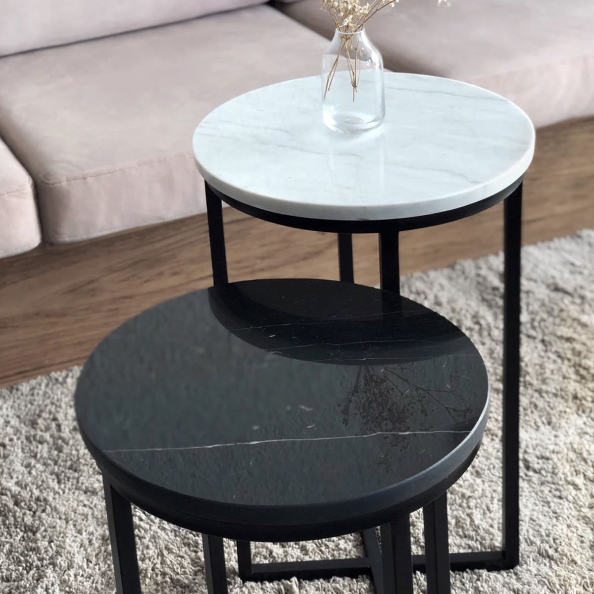 DECORATI - Mesa Lateral redonda Toronto de Mármol Blanco Negro