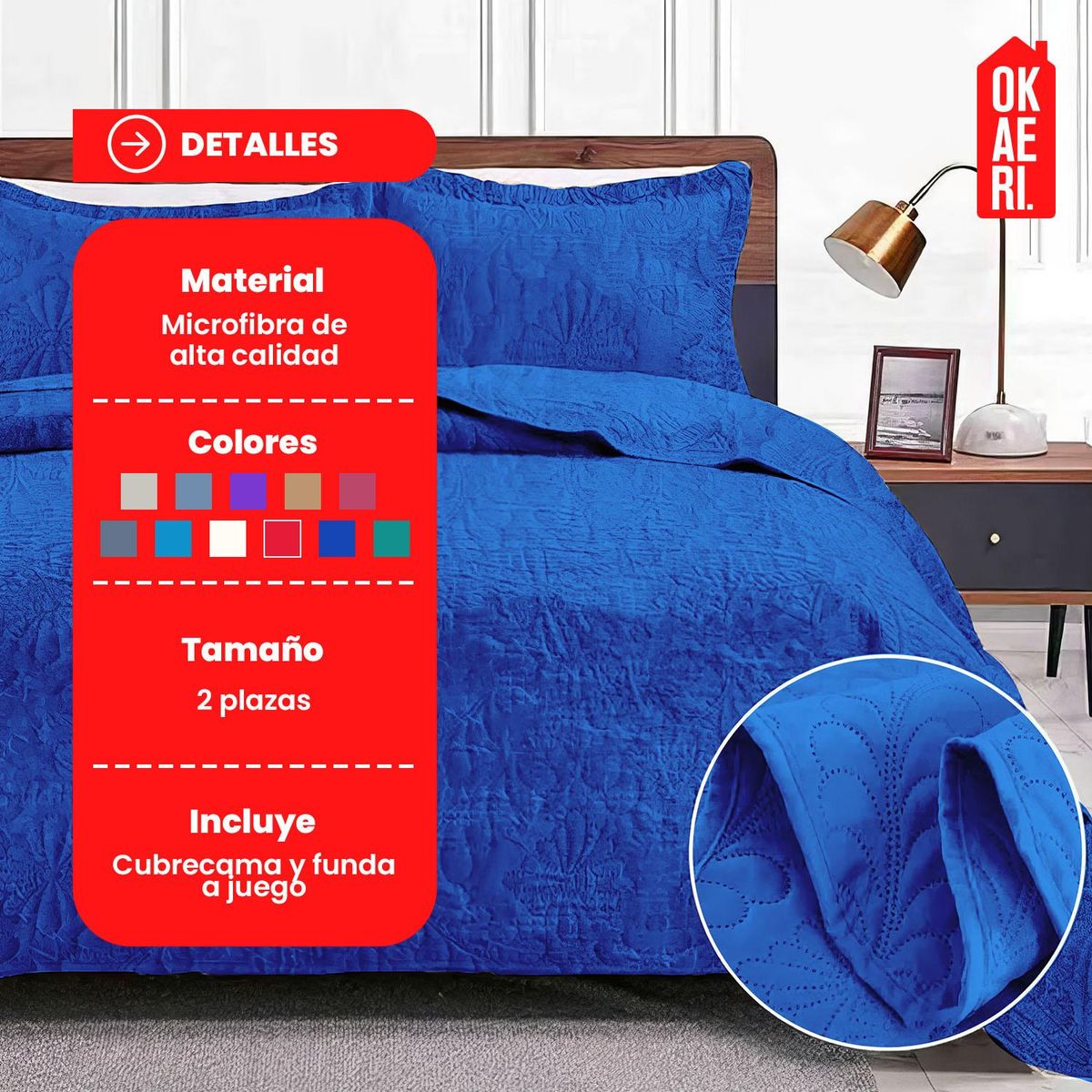 OKAERI - Cubrecama de Microfibra para 2 Plazas con Funda Incluida - Azul - 2 plazas