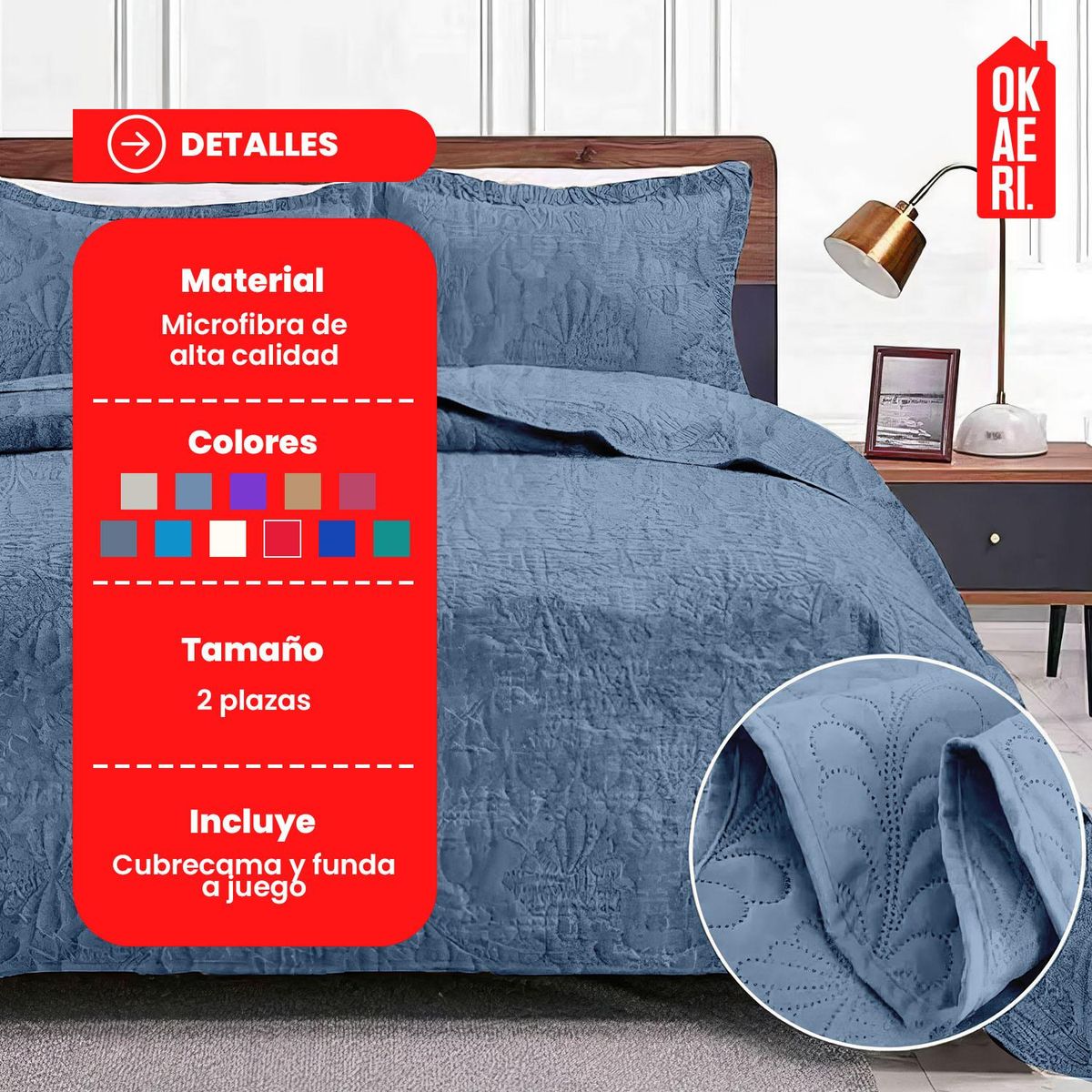 OKAERI - Cubrecama de Microfibra para 2 Plazas con Funda Incluida - Gris - 2 plazas