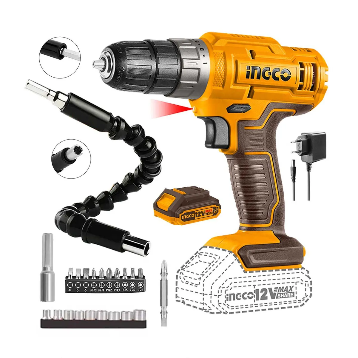 INGCO TOOLS - Taladro Atornillador 12v Inalámbrico + 21 Acss Ingco